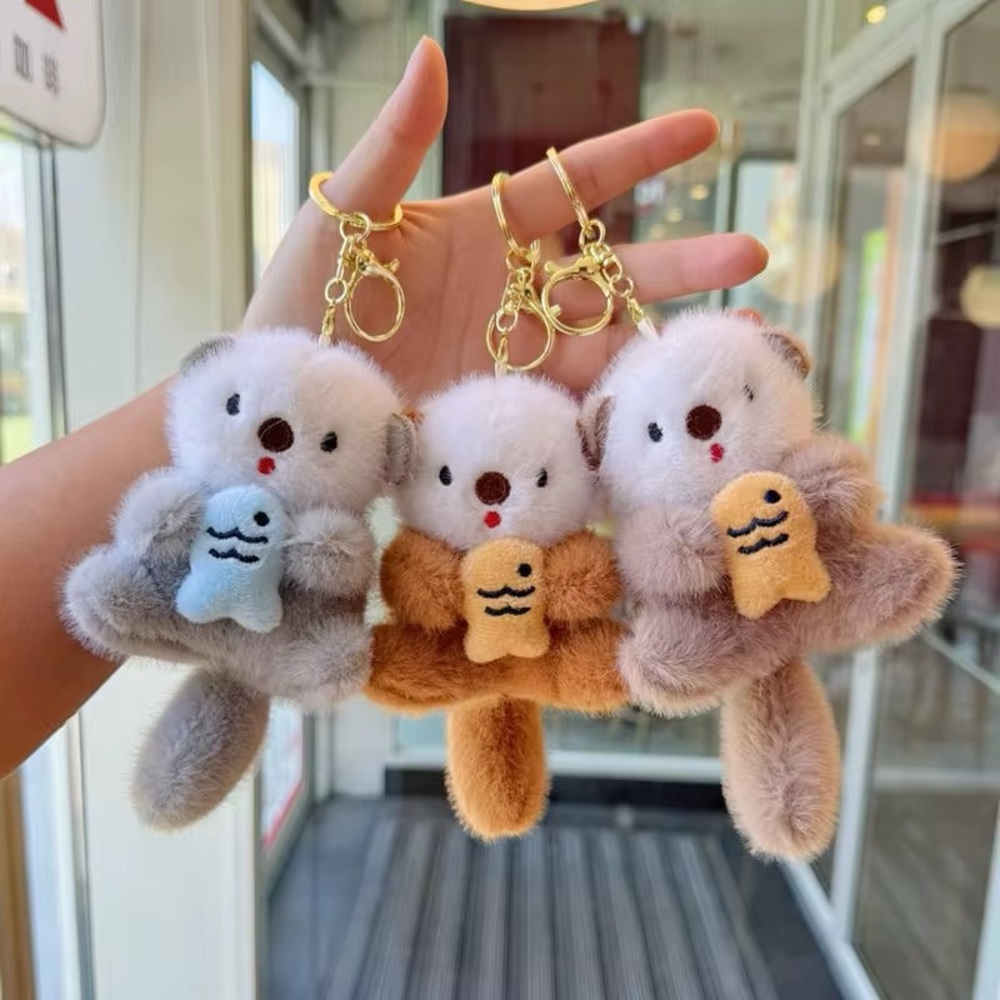 Plush Otter Mini Bag Charm Keychain - Brown/Gray/Cream